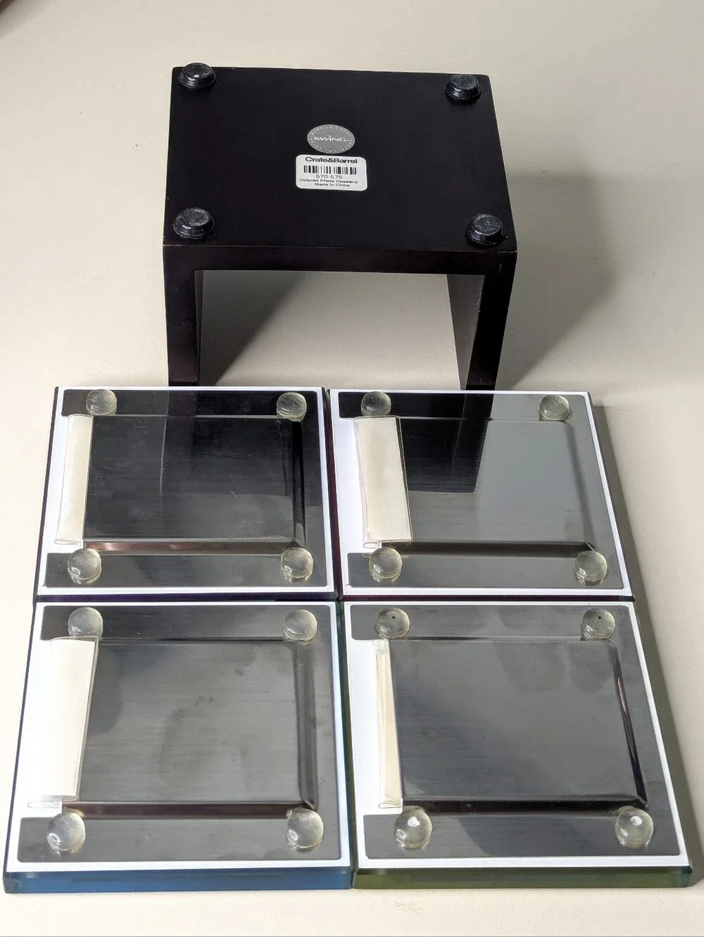 Crate&Barrel Colored Glass Picture Frame Coasters In Dark Wood Holder Set Of 4